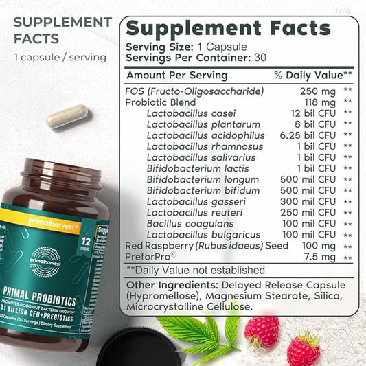 Primal Harvest PREbiotics and PRObiotics for Women & Men, 30 Oral Capsules for Gut Health, 12 Dynamic Strains
