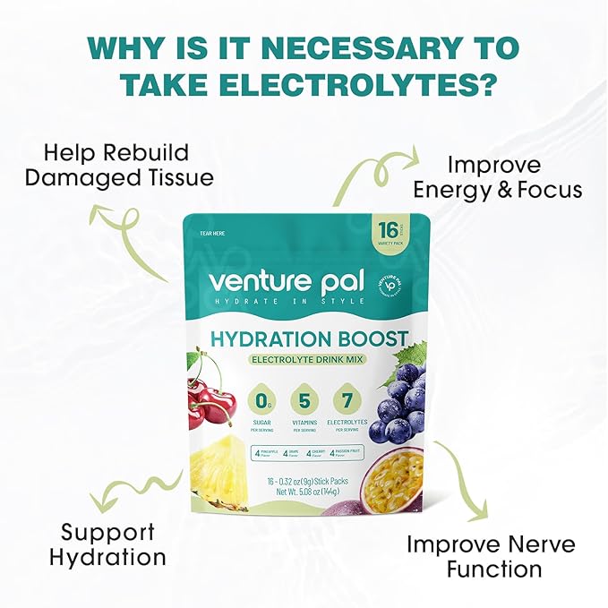 Venture Pal Sugar Free Electrolyte Powder Packets - Liquid Daily IV Drink Mix for Rapid Hydration & Party Recovery | 5 Vitamins & 7 Electrolytes| Keto Friendly | Non-GMO | Certified Vegan | 16 Sticks
