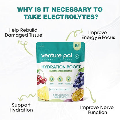 Venture Pal Sugar Free Electrolyte Powder Packets - Liquid Daily IV Drink Mix for Rapid Hydration & Party Recovery | 5 Vitamins & 7 Electrolytes| Keto Friendly | Non-GMO | Certified Vegan | 16 Sticks