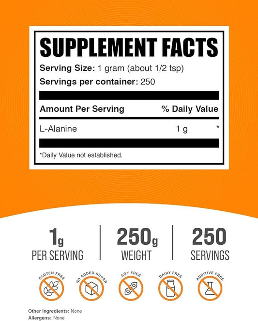 BulkSupplements.com L-Alanine Powder - Alanine Supplement, L-Alanine 1000mg - Amino Acid Supplement, Amino Acid Powder - Unflavored & Gluten Free, 250g (8.8 oz) (Pack of 1)