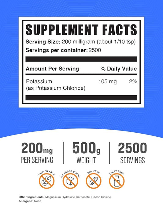 BulkSupplements.com Potassium Chloride Powder - Potassium Supplement Powder, Potassium Chloride Salt Substitute, Potassium Salt - Gluten Free, 200mg per Serving, 500g (1.1 lbs) (Pack of 1)