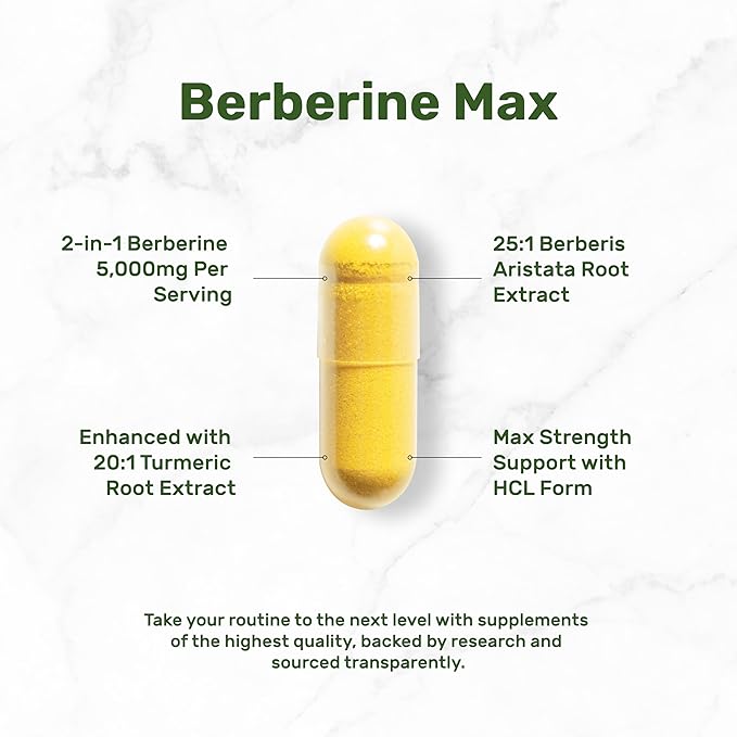 Berberine Max Supplement with Turmeric, 5,000mg 240 Veggie 97% Pure 25:1 Berberine