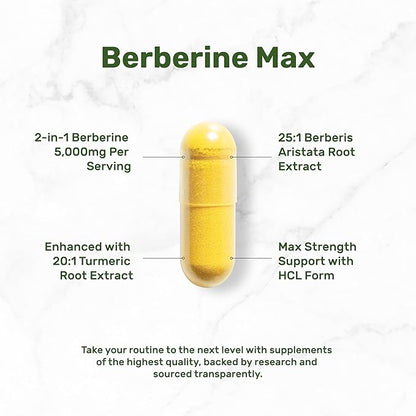 Berberine Max Supplement with Turmeric, 5,000mg 240 Veggie 97% Pure 25:1 Berberine