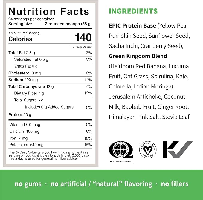 Sprout Living Epic Protein, Plant Based 20 Grams (2 Pound, 24 Servings)