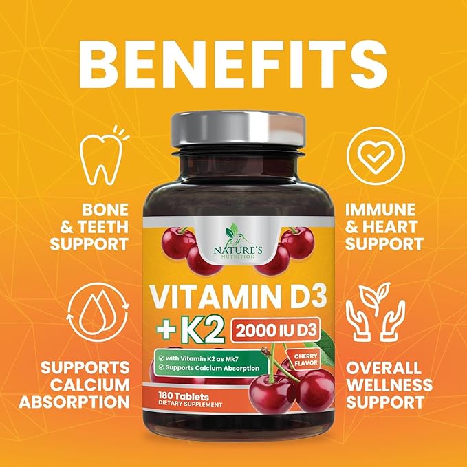 Vitamin D3 K2 as MK-7 2000iu of D3 & 75mcg K2, K2, Vitamin K2 D3 D3 Bone 180 Chewable