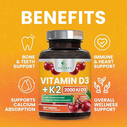 Vitamin D3 K2 as MK-7 2000iu of D3 & 75mcg K2, K2, Vitamin K2 D3 D3 Bone 180 Chewable