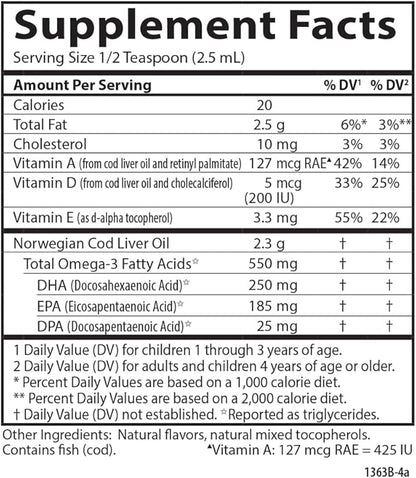 Carlson - Kid's Cod Liver Oil, 550 mg Omega-3s, Vitamins D3, Wild 250 mL