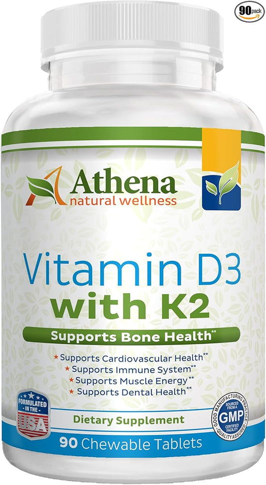 Athena - Vitamin D3 2000IU with K2 (MK7) - 90 Chewable Tablets - Supports Immune System - Muscle Energy - Strong Bones - Healthy Dental