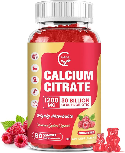 Calcium Citrate Gummies, Calcium 1200 mg with Vitamin d3, K2, Magnesium, Zinc for Bone, Muscle & Immune Support, High Absorption Calcium Supplement for Women & Men, Raspberry Flavor, 60 Chews