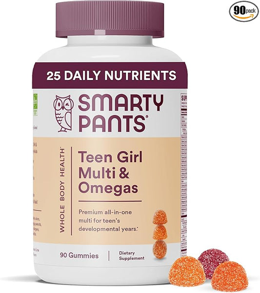 SmartyPants Teen Girl Multivitamin Gummies: Omega 3 Fish D3, C, B12, B6, B6, Vitamin 90 Count (22 Day