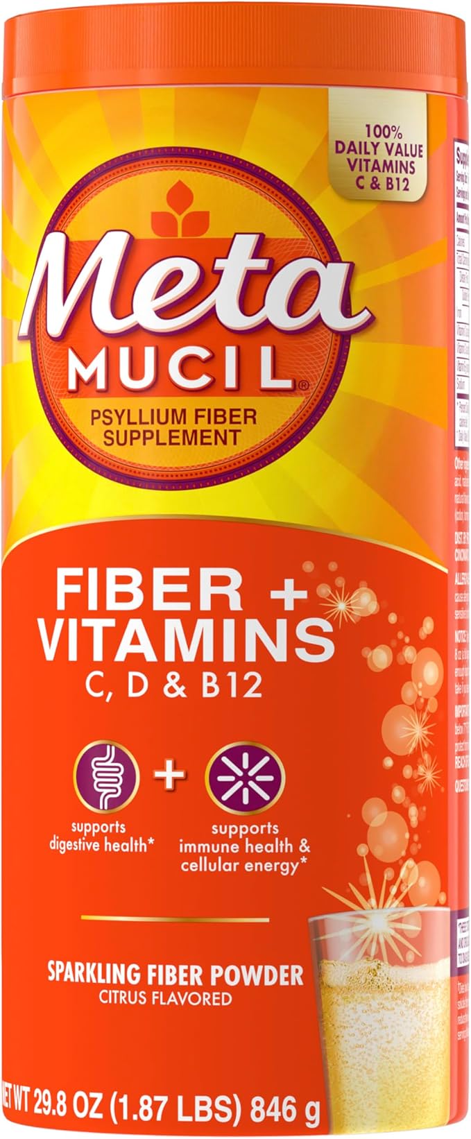 Metamucil 4-in-1 Fiber + Vitamins C, B12, Fizzy B12, Citrus 90 servings