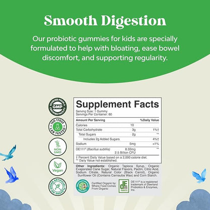 USDA Organic Probiotic Gummies for Kids - Vegan Non-GMO Kids Probiotic Gummy Vitamin for Immunity and Digestive Health - Gentle 2.5B CFU Organic Probiotics for Kids - Strawberry Flavor (2 Months)