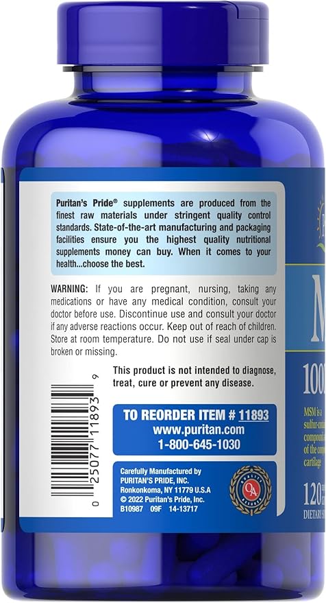 Puritan's Pride Joint Support Formula MSM 1000 mg, 120 Count