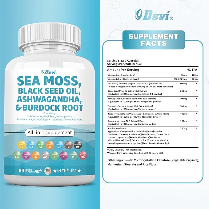 Sea Moss 3000mg Black Seed Oil 2000mg Ashwagandha 1000mg Bladderwrack 1000mg Turmeric 1000mg Burdock 1000mg Vitamin D3 Elderberry Women,60 Count