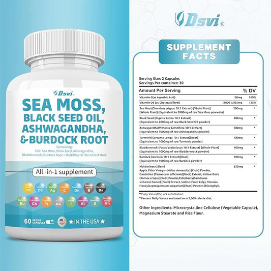 Sea Moss 3000mg Black Seed Oil 2000mg Ashwagandha 1000mg Bladderwrack 1000mg Turmeric 1000mg Burdock 1000mg Vitamin D3 Elderberry Women,60 Count