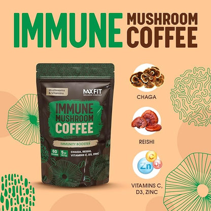 Immunity Mushroom Coffee Organic (60 Servings) Mental Focus Plus Wellness Boost for Immune System Support - Chaga, Reishi & Vitamins C, D3, and Zinc, Mixed with Gourmet 100% Arabica Instant Coffee