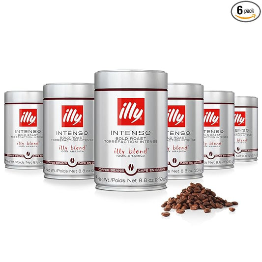 illy caffe Whole Bean Coffee - Perfectly Roasted Whole Coffee Beans – Intenso Dark Roast - Warm Notes of Cocoa & Dried Fruit – Full-Bodied - 100% Arabica Coffee - No Preservatives – 8.8 Ounce, 6 Pack