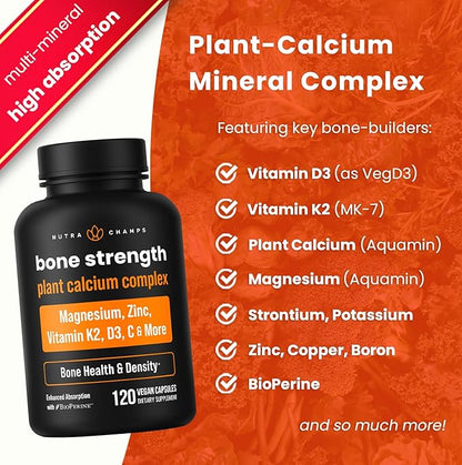 Bone Strength Supplements | Plant Based Calcium Supplement 600mg | Vitamin D3 2000 IU, K2, Magnesium, Potassium, Zinc, Boron & Strontium | Whole Food Supplement for Bone Health | 120 Vegan Capsules