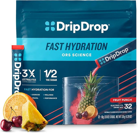 DripDrop Hydration - Fruit Punch - Electrolyte Drink Mix Single Serve Hydration Powder Packets | Non-GMO, Gluten Free, Vegan | 32 Sticks