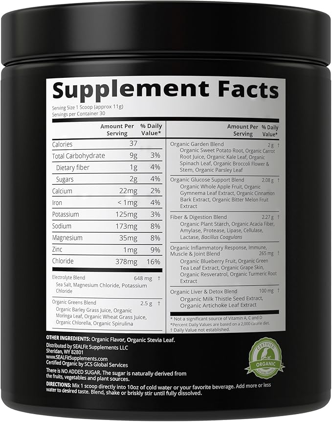 SEALFIT ElectroGreens - USDA Organic Greens Superfood + Electrolytes Powder. 25+ Superfoods for Energy and Hydration. Super Green Juice and Electrolyte Powder Inspired by Former Navy Seal Mark Divine