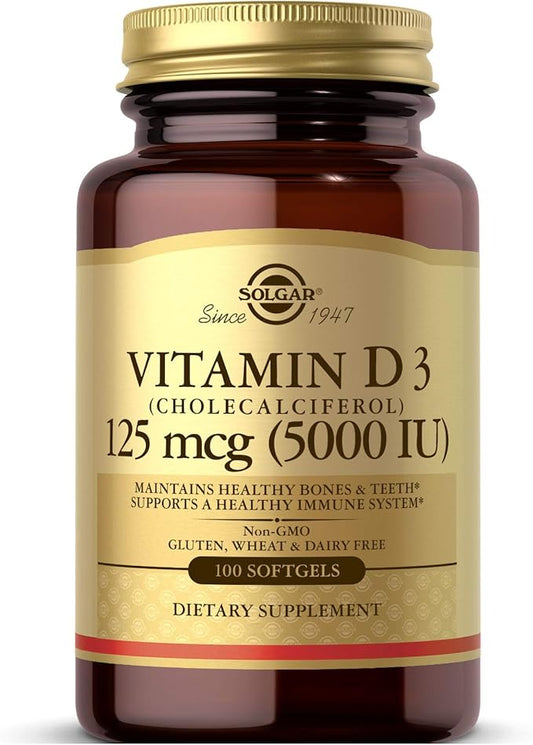 Solgar Vitamin D3 (Cholecalciferol) 125 MCG (5000 IU), 100 Softgels 100 Servings