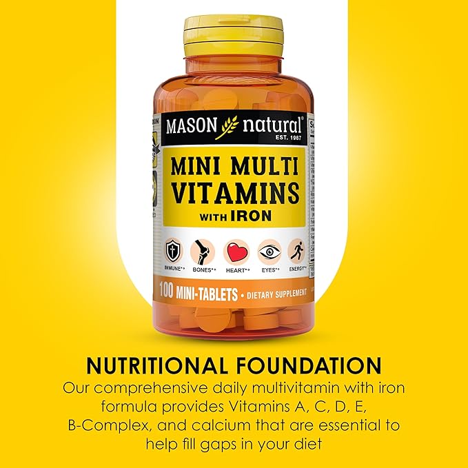 MASON NATURAL Daily Mini Multi Vitamins with Iron, Vitamins A, C, D, E, B1, B2, B3, B6, B12, Folate & Calcium, 100 Day Supply per Bottle (3-Pack)