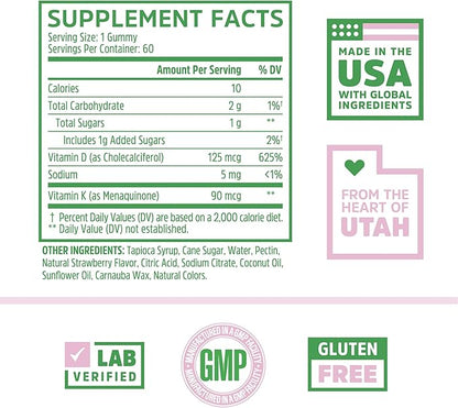 Zhou D3+K2 - Vitamin D3 K2 Supplement for Women & Men, Immune Support Vit D3 and K2 Gummy, Gelatin Free Formula with 5000 IU of D3 and MK-7 - 60 Veggie Gummies (Pack of 1)