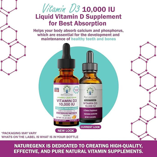 Vitamin D Liquid Drops for Adults: Vegan D3 10000 IU for Immune Support & Bone Strength Supplements, Non-GMO & Gluten Free Liquid Vitamin D for Women & Men, 30ml, 30 Servings