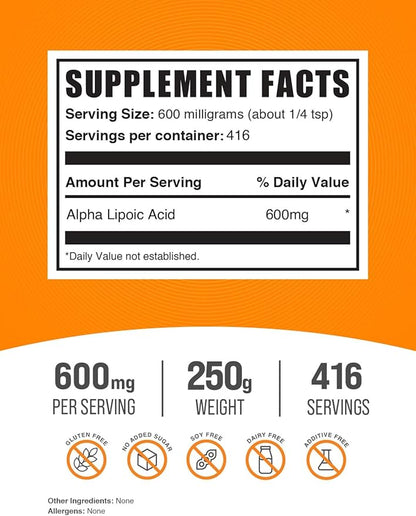 BulkSupplements.com Alpha Lipoic Acid Powder - ALA Supplement, Alpha Lipoic Acid 600mg - ALA Powder, Gluten Free - 600mg of Alpha-Lipoic Acid per Serving, 250g (8.8 oz) (Pack of 1)