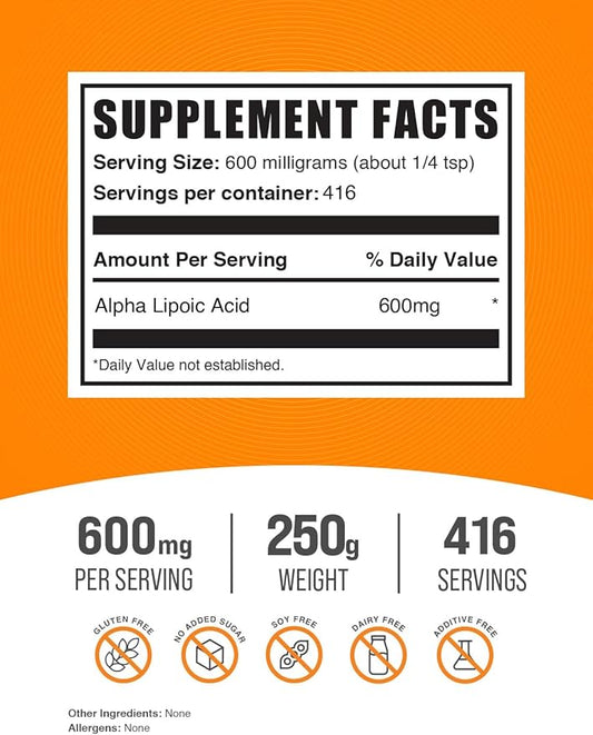 BulkSupplements.com Alpha Lipoic Acid Powder - ALA Supplement, Alpha Lipoic Acid 600mg - ALA Powder, Gluten Free - 600mg of Alpha-Lipoic Acid per Serving, 250g (8.8 oz) (Pack of 1)