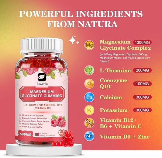 Magnesium Glycinate Gummies, 600Mg Magnesium Supplement Q10, Vitamin, 120 Vegan