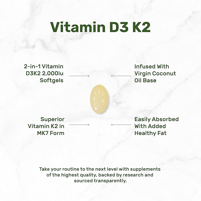 DEAL SUPPLEMENT Vitamin D3 2,000 IU + K2 MK7 50mcg Softgels | 2-in-1 Complex with Virgin Coconut Oil | Supports Heart, Bone, Teeth & Immune Health | Easy to Swallow