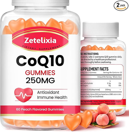2 Pack Sugar Free CoQ10 Gummies 250mg, 5X 5X Better Q10 for 60 Peach