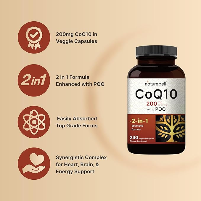 NatureBell CoQ10 (Ubiquinone) 200mg with PQQ, 240 Veggie Q10 Supplement