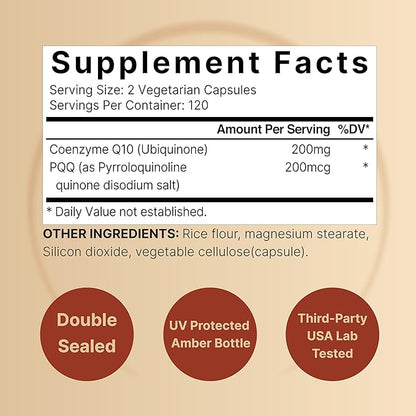 NatureBell CoQ10 (Ubiquinone) 200mg with PQQ, 240 Veggie Q10 Supplement