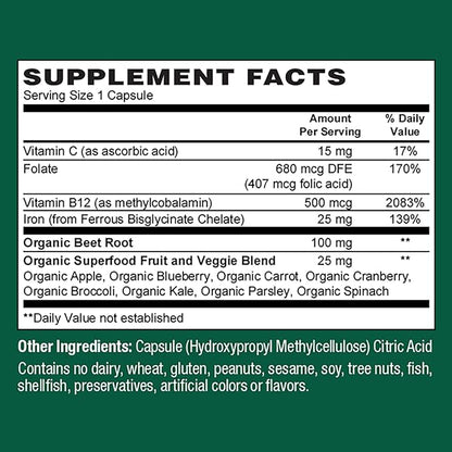 PlantFusion Vegan Iron Supplement for Women B12, Folate 60 Capsules