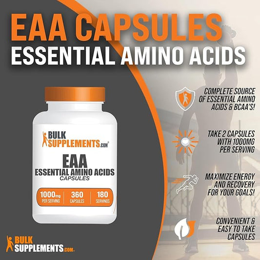BulkSupplements.com Essential Amino Acids Capsules - EAA Capsules, Essential Amino Acids Supplement, EAAs Amino Acids - EAA Supplements, 2 Capsules per Serving, 180-Day Supply, 360 Capsules