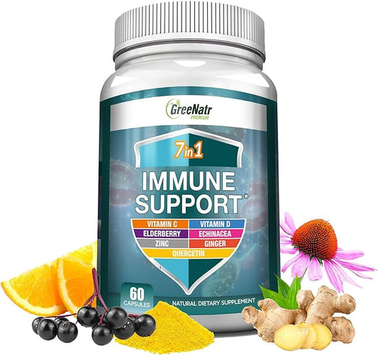 7 in 1 Immune Support Supplement with Vitamin C, D3, Zinc 50mg, Quercetin, Echinacea Purpurea, Sambucus Elderberry and Ginger for Complete Immune Defense - 60 Capsules (1 Bottle)