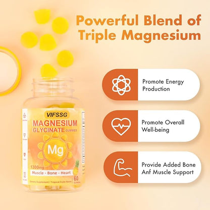 Magnesium Glycinate Gummies 500 Mg, Triple Magnesium Complex Sugar-Free Gummies with Malate 400 Mg, Citrate 400 Mg, Magnesium Supplement Chewable for Women & Men Vegan, Organic 60 Count