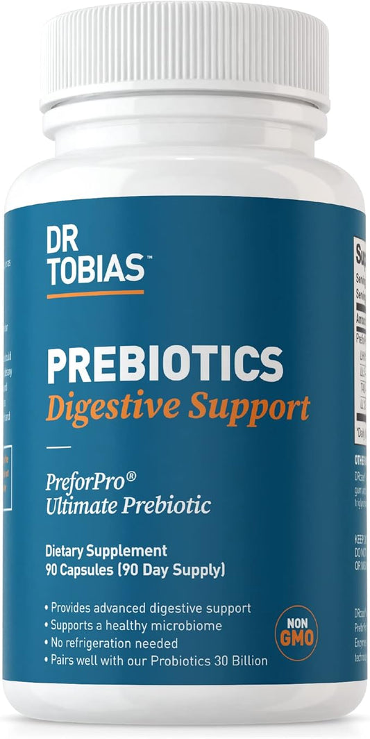 Dr. Tobias Prebiotics, Supports Digestion & Gut Health, Feed Good Probiotic Bacteria, Boost Gut Immune Function, Vegan & Non-GMO Gut Health Supplements for Men and Women, 90 Capsules, 90 Servings
