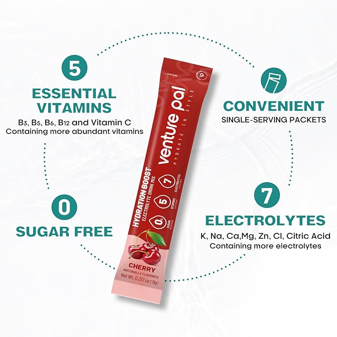 Venture Pal Sugar Free Electrolyte Powder Packets - Liquid Daily IV Drink Mix for Rapid Hydration & Party Recovery | 5 Vitamins & 7 Electrolytes| Keto Friendly | Non-GMO | Certified Vegan | 16 Sticks
