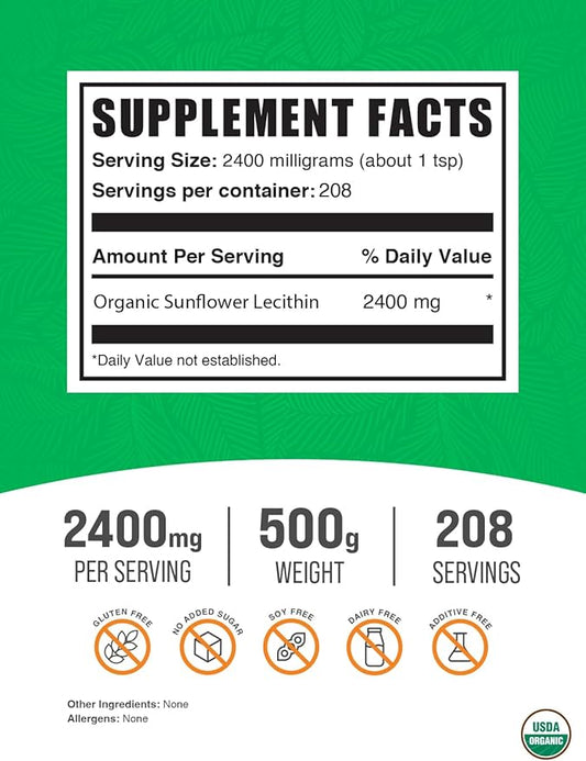 BulkSupplements.com Organic Sunflower Lecithin Powder - Sunflower Lecithin Supplement, Lecithin Powder Food Grade - Vegan & Gluten Free, 2400mg per Serving, 500g (1.1 lbs) (Pack of 1)