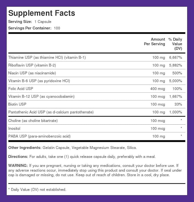 Piping Rock Vitamin B-100 Complex 100 Capsules B12, B1, B1, B2, B2, B6 B6 |