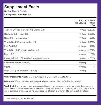 Piping Rock Vitamin B-100 Complex 100 Capsules B12, B1, B1, B2, B2, B6 B6 |