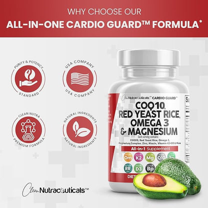 Clean Nutraceuticals COQ10 Red Yeast Rice Omega 3 Magnesium Complex Niacin Zinc Vitamin K2 D3 - Heart Support Vitamins for Women & Men w/Vitamin B3, Coenzyme Q10-60 Ct