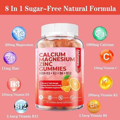 Sugar Free Calcium Magnesium Zinc Supplement D3 & B12 for (120 Counts)