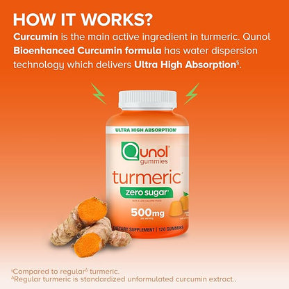 Qunol Zero Sugar Turmeric Gummies, Gummy with 500mg Turmeric Curcumin, Joint Support Supplement, Ultra High Absorption Tumeric Curcumin, Vegetarian, Gluten Free, 120 Count