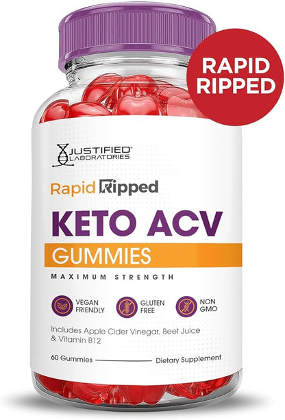 Justified Laboratories Rapid Ripped Keto ACV Gummies Advanced Formula 1000MG Rapidripped Keto Gummies Apple Cider Vinegar Formulated with Pomegranate Beet Juice Powder B12 Vegan Non GMO 60 Gummys