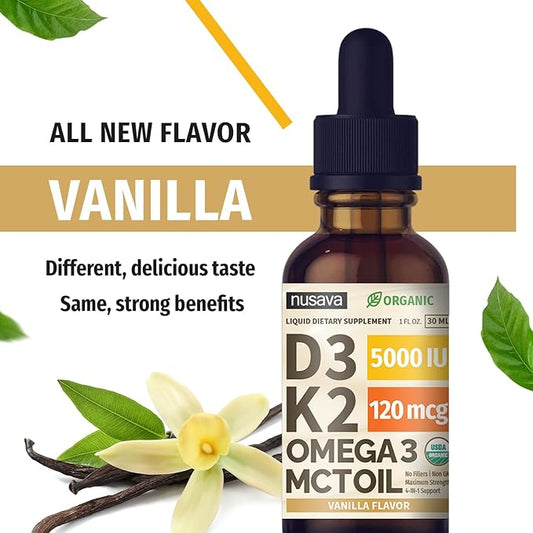 (4 Pack) Organic Vitamin D3 K2 Drops with MCT Oil Omega 3, 5000 IU, Maximum Strength Vitamin D Liquid - No Fillers, Non-GMO Liquid D3 for Faster Absorption & Immune Support (Vanilla, 4 Fl Oz)