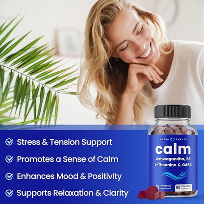 Calm Gummies | Stress Gummies Supplement with Ashwagandha, L-Theanine, GABA, Vitamin B6 & Lemon Balm | Supports Mood, Focus & Stress Relief | Vegan & Non-GMO | Natural Berry | 90 Gummies (2 Pack)